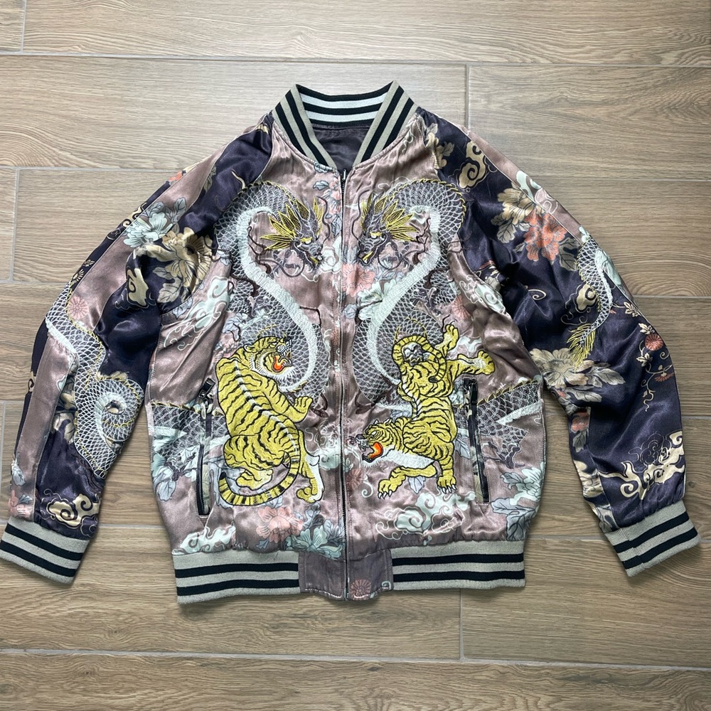 Reversible Japanese Satin Embroidered Purple Bomber Tigers & Dragons Zara Small